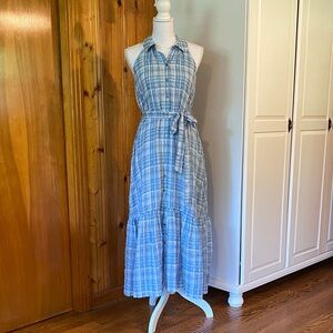 Blue Plaid Sleeveless Maxi Dress